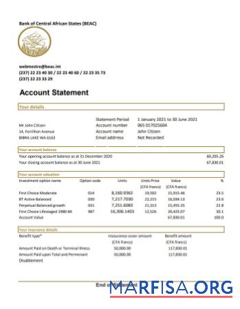 Downloadable Central African Republic Bank of Central African States BEAC bank statement excel template